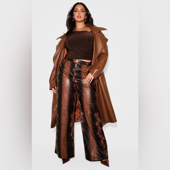 PrettyLittleThing Pants - (T3) Pretty LittleThing Brown faux leather wide leg pants with snake print